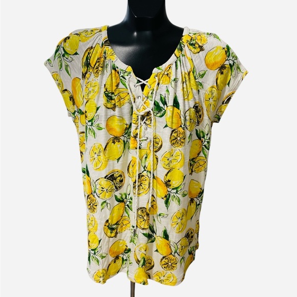 Chaps Tops - Chaps Green and Yellow Tie Front Cap Sleeve Blouse, Size Medium